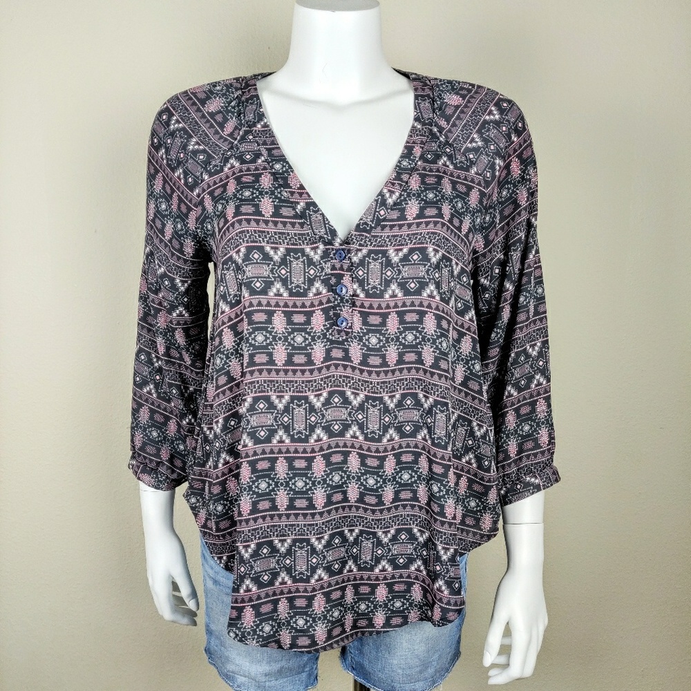 Lush Aztec Patterned Flowy Boho Tunic Top